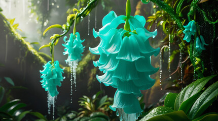Close-up of a blooming Jade Vine (Strongylodon macrobotrys) with its neon turquoise petals cascading like a waterfall in a tropical rainforest