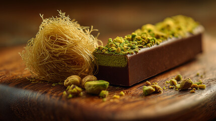 A Dubai chocolate bar with pistachio cream and kunafa, placed on a smooth wooden surface, with a single kunafa strand beside it.