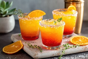 Fototapeta premium Three tequila sunrise cocktails garnished with orange slices and thyme sprigs, sitting on a marble board, creating a vibrant and refreshing scene