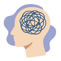 Head silhouette with tangled lines symbolizing mental confusion.
