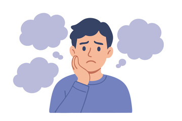 Sad man surrounded by negative thoughts.