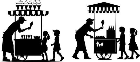 Ice Cream Cart Vendor Selling Cones to Happy Children Silhouettes