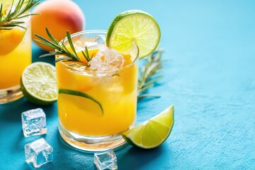 Colorful summer cocktail made with mango, peach, lime, rosemary and ice cubes, served in a tumbler glass on a vibrant blue background