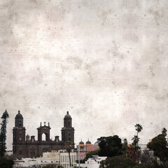 textured stylish old paper background, square,  with old part of the town of Las Palmas de Gran Canaria