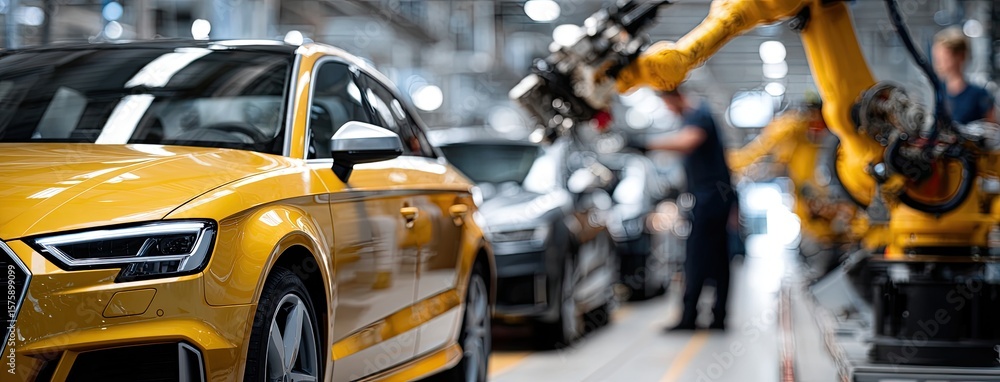 Poster robotic arms efficiently assemble vehicles on a dynamic production line within a high-tech factory