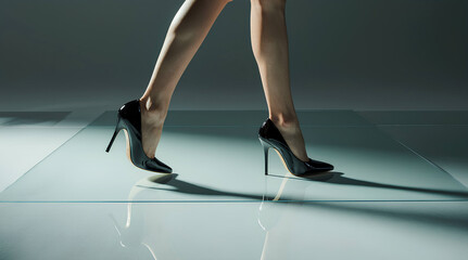 Stylish image of slender women's legs in black shoes with high stiletto heels, reflected on a glossy surface with free space for text