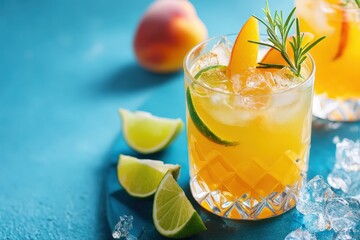 Crystal glasses containing a refreshing summer cocktail made with mango, peach, lime, rosemary and ice on a blue background