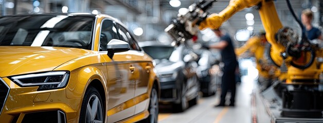 Fototapeta premium Robotic arms efficiently assemble vehicles on a dynamic production line within a high-tech factory