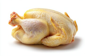 A whole fresh and raw chicken with plain white background.