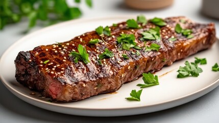 Deliciously Plated Meat Dish with Fork on White Serving Plate for Dinner