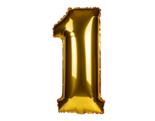 Firefly_Gold helium balloon shaped as number 1 isolated on transparent background; PN