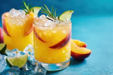 Two glasses of refreshing mango and peach mocktail with rosemary and ice on a blue background, perfect for a summer menu