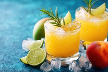 Two glasses with crushed ice, rosemary and lime wedges, refreshing mango and peach cocktail on blue background with mango, peach and lime slices