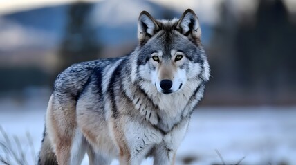 Obraz premium Wild wolf stands majestically in snow-covered landscape during golden hour light