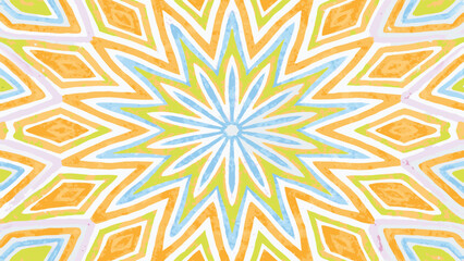Abstract kaleidoscope pattern with starburst center and diamond shapes in warm and cool colors