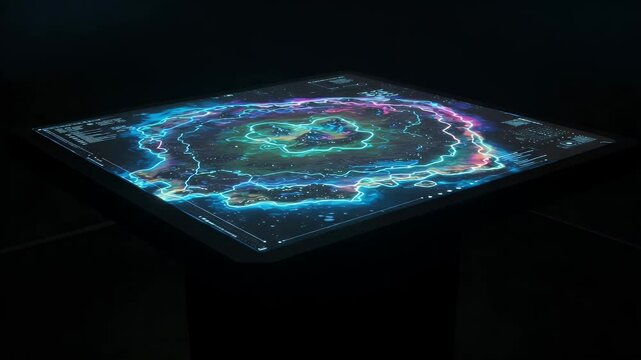 Interactive illuminated table displays a vibrant, abstract map with glowing lines