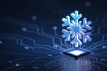 Naklejka premium 3D snowflake icon on microchip symbolizing computer cooling, hardware temperature control tech.