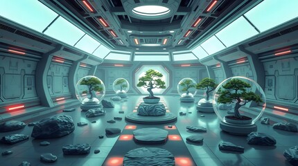Bonsai trees thrive in an advanced greenhouse with futuristic design and ambient lighting