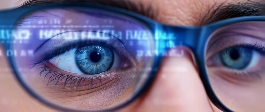 Closeup eye through glasses showing code