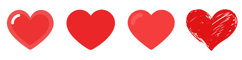 Set of four red heart vector icons with different styles: glossy, solid, gradient, and sketch. Ideal for Valentine&rsquo;s Day designs, romantic themes, greeting cards, social media, and emotional branding.