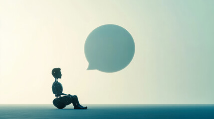 Seated humanoid robot under floating speech bubble in calm space