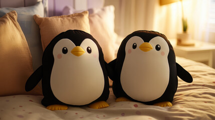 Pair of cute penguin plush pillows on cozy bed with warm light