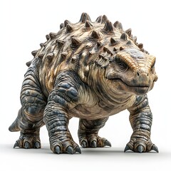 Fototapeta premium Majestic Ankylosaurus, armored dinosaur, stands isolated in a stark white background. Its detailed skin texture and formidable build showcase prehistoric power and ancient history beautifully.