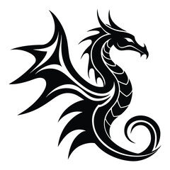 Minimalist tribal style dragon silhouette art with elegant swirls and sharp details