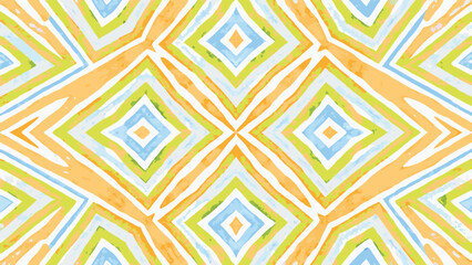 Abstract watercolor pattern featuring diamonds and stripes in orange green and blue hues design
