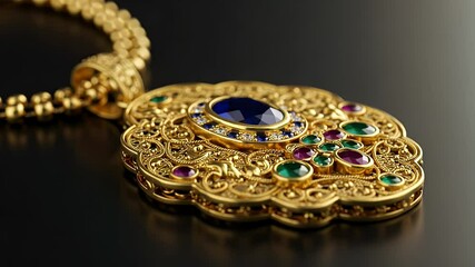 Intricate gold pendant with a large blue gemstone and smaller emeralds, rubies, and sapphires set in a detailed filigree design - Powered by Adobe