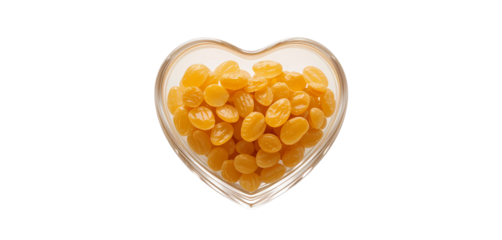  Heart-shaped clear glass bowl filled with golden raisins, centered on a clean white background. Soft reflections highlight the bowl’s delicate curves.

