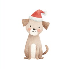 Adorable Watercolor Puppy Wearing a Festive Santa Hat, Sitting and Smiling Cheerfully for the Holidays