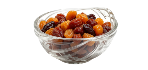  Swirl-rim glass bowl with transparent textures and a spiral twist, full of mixed raisins. Bright white backdrop with soft shadows under the raised edges.

