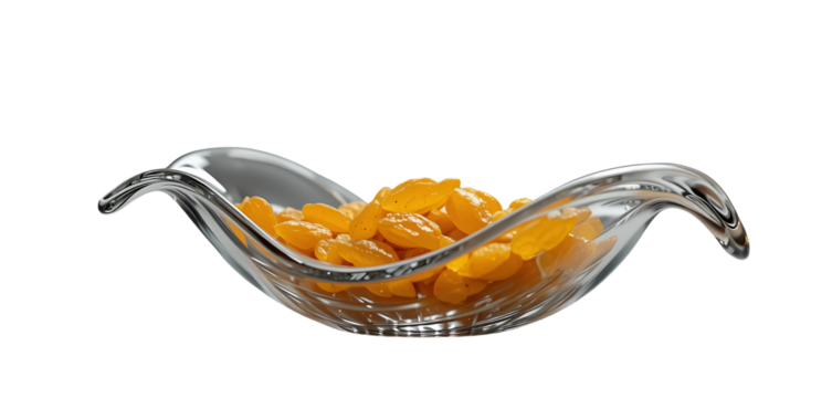  Artistic wave-shaped glass dish containing a loose spread of golden raisins. The flowing edge design adds movement and grace to the minimalist setup.

