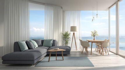 Fototapeta premium Bright OpenConcept Living Room with Ocean View and Modern Furniture