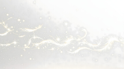 Angelic glowing feathers floating on soft background, ethereal gold and white wisps with sparkles, divine spiritual light for peaceful wedding design