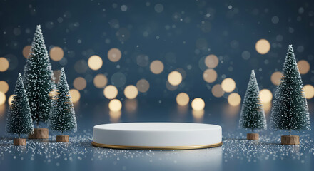 Winter wonderland product display snowy christmas trees bokeh lights elegant podium stage presentation