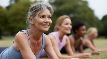 Group of senior or middle-aged women of different races on grass in park exercising Pilates