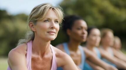 Group of senior or middle-aged women of different races on grass in park exercising Pilates