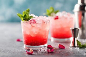 Two glasses filled with a vibrant pink and red layered cocktail, adorned with mint leaves, accompanied by a cocktail shaker and rose petals