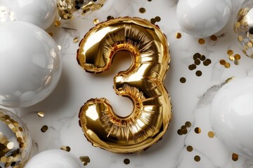 Golden number three balloon among white balloons and confetti for a festive celebration