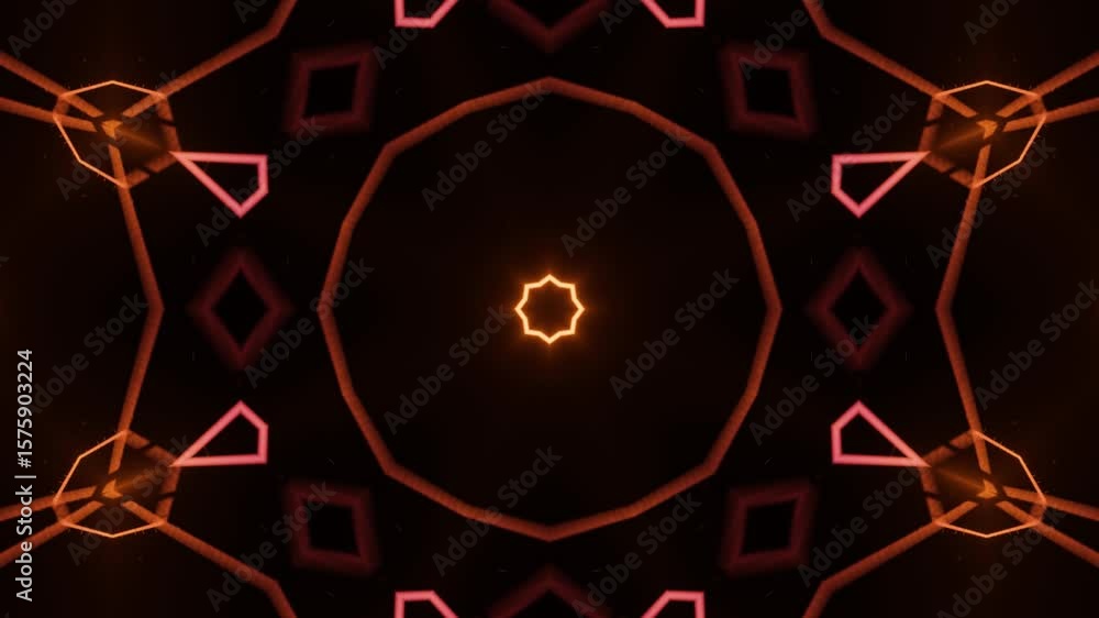 Poster light background 3d animation of straight neon elements forming dynamic kaleidoscope loop, optimized