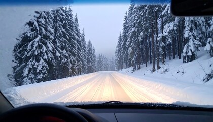 Snowy road through a forest
