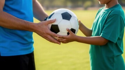 Coach's hands pass a soccer ball to a young boy during a training session on a field, representing mentorship, youth sports development and the importance of physical education