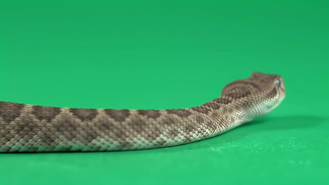 Rattlesnake Head and Body Profile on Bright Green Screen Background, Dangerous Venomous Reptile Studio Shot with Copy Space