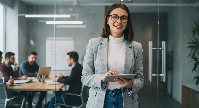 Confident businesswoman using tablet in modern office smiling at camera successful team collaboration