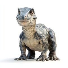 Obraz premium Friendly cartoon dinosaur with textured gray and tan skin, large golden eyes, and a curious expression. Ideal for animation and game design. Mythical creature isolated on a white background.