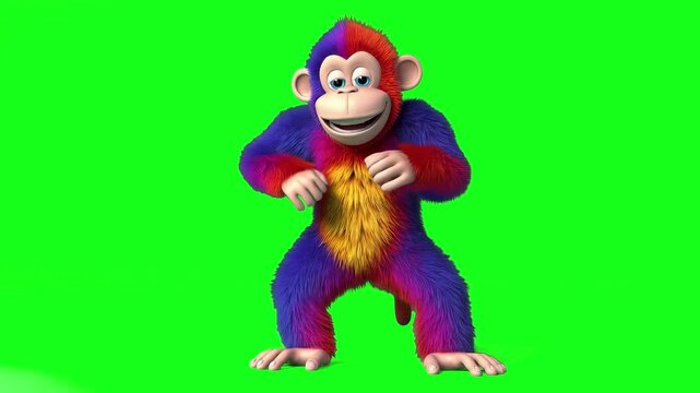 Colorful 3D animation of a rainbow-furred cartoon monkey dancing on a green screen background. The playful character features bright red, blue, purple, and yellow fur, ideal for vibrant children&rsquo;s con