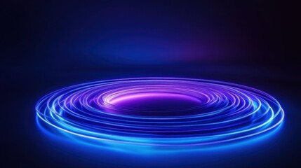 A glowing, futuristic ring of swirling blue and purple neon light forms concentric circles against a dark background.