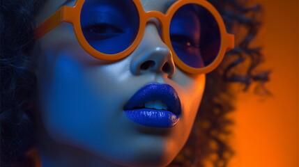 futuristic woman with blue lipstick and sunglasses in cinematic lighting